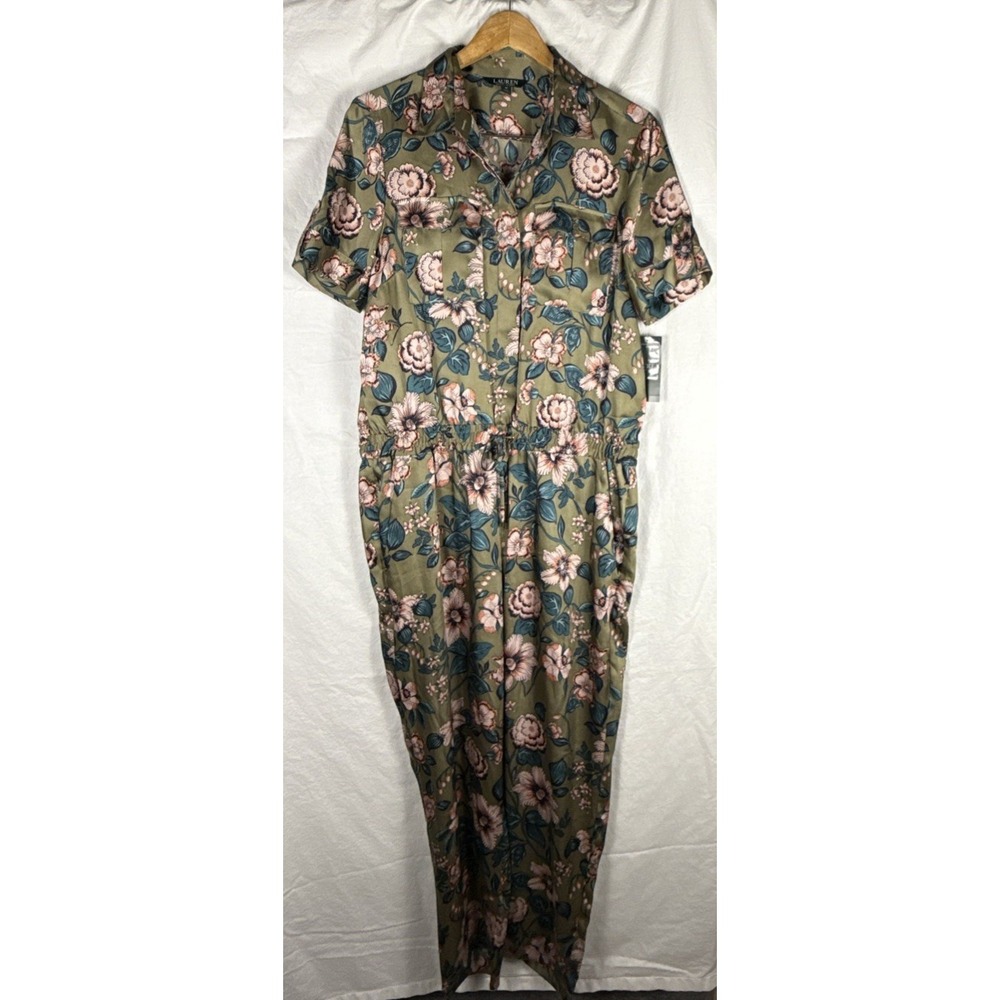 Lauren Ralph Lauren Short Sleeve Jumpsuit Women’s 12 Olive Floral Satin NWT